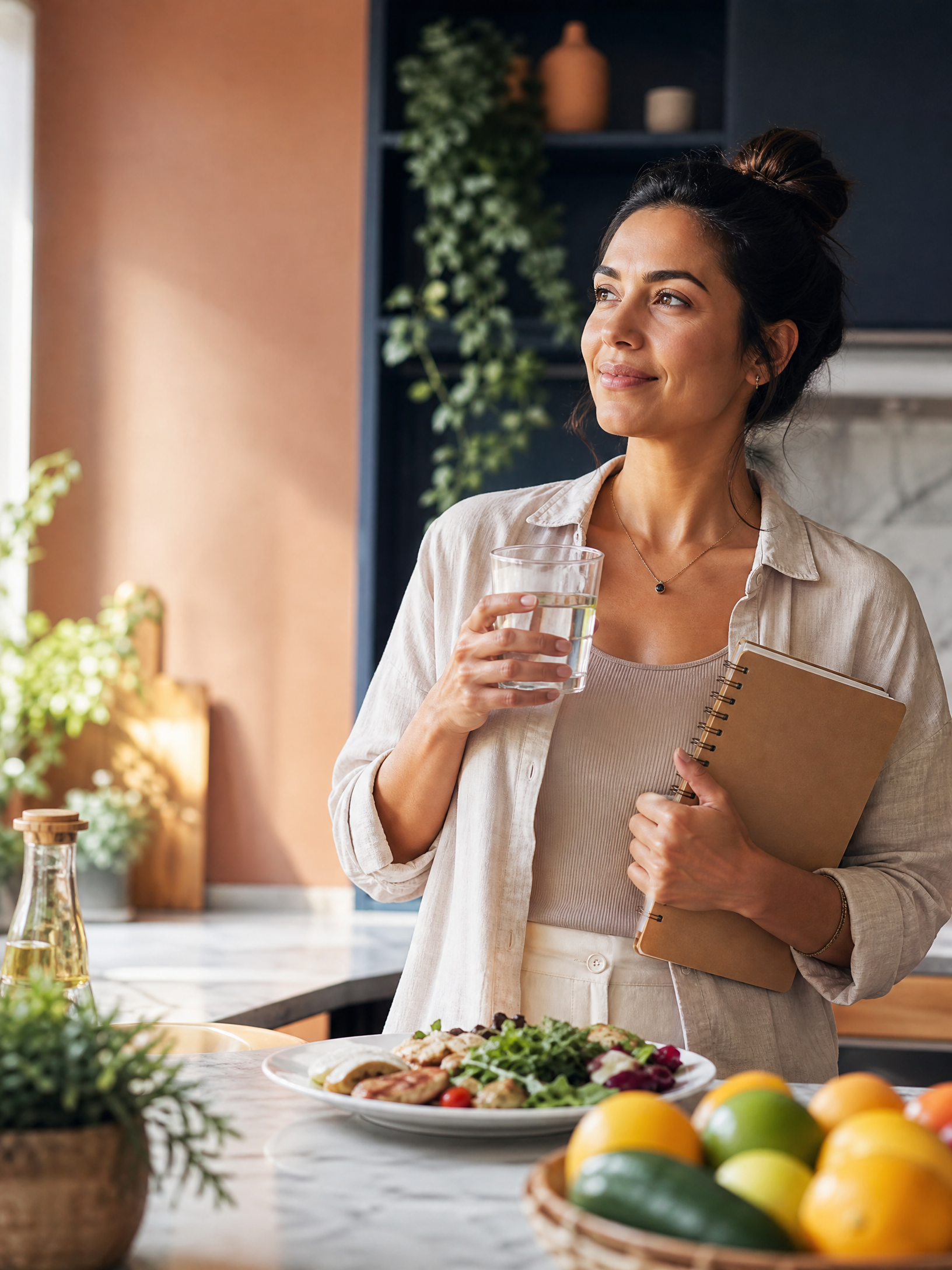 Mulher em uma cozinha iluminada, com uma refeição equilibrada, água e um caderno de planejamento